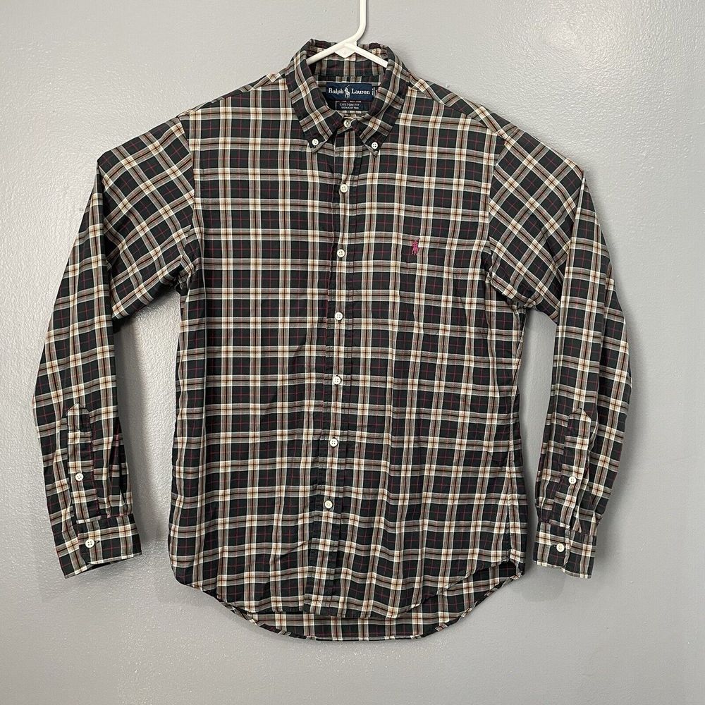 Ralph Lauren Casual Shirt Men Medium Button Down Blue Plaid Pink Pony Custom Fit
